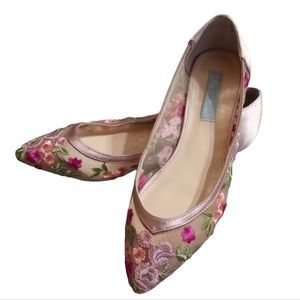 Betsey Johnson Charlotte Embroidered SB- Bird Floral Mesh Flat Shoes size 7 Pink
